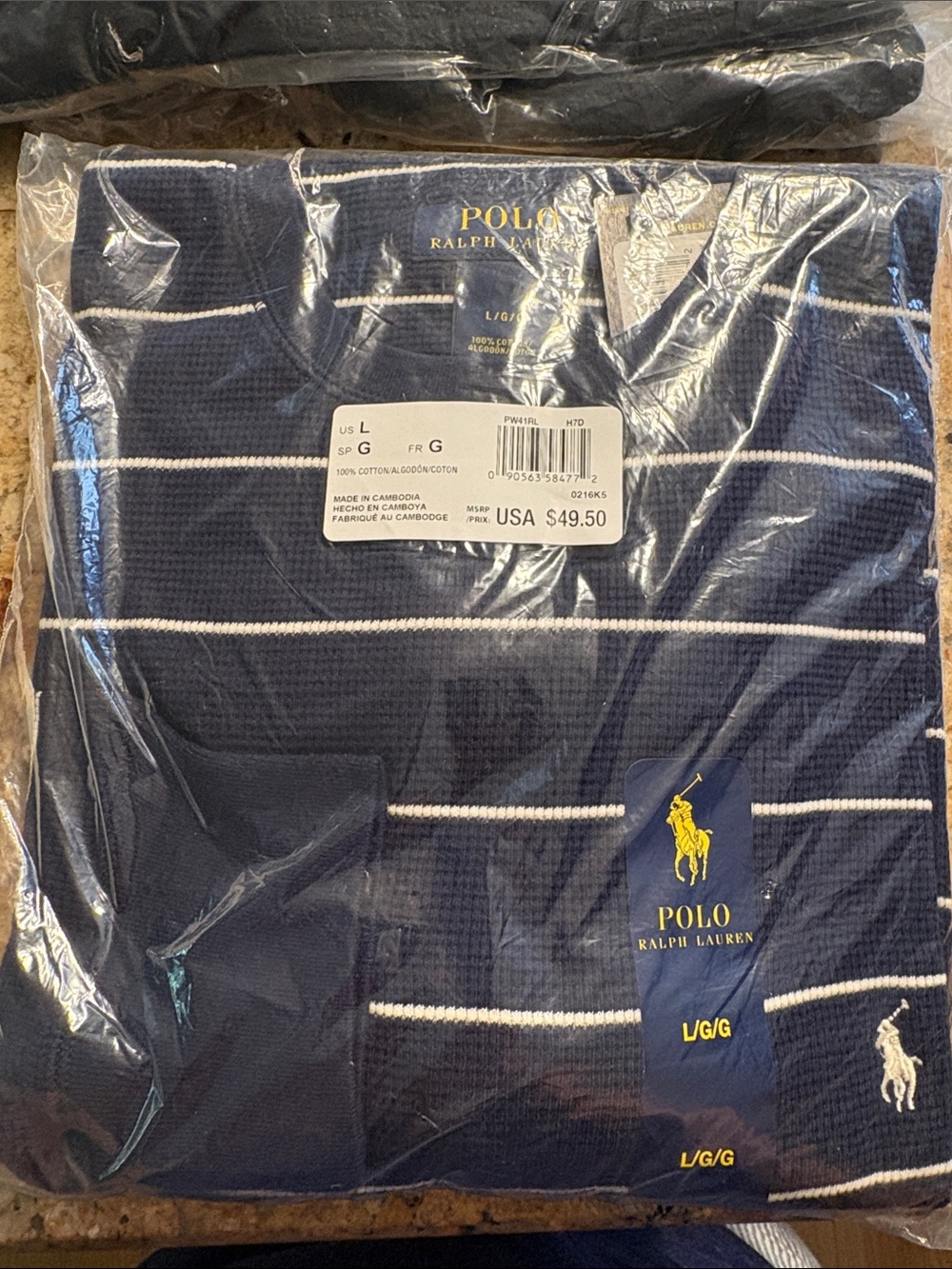 Polo by Ralph Lauren Navy and White Striped Waffle Knit Polo